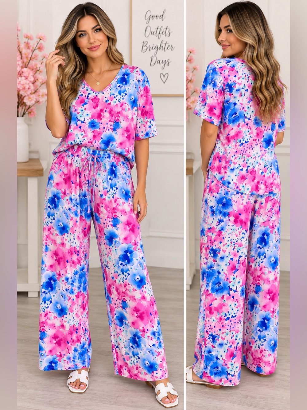 Dear Scarlett- Floral V-Neck Women's Top and Pants Pink & Blue SET
